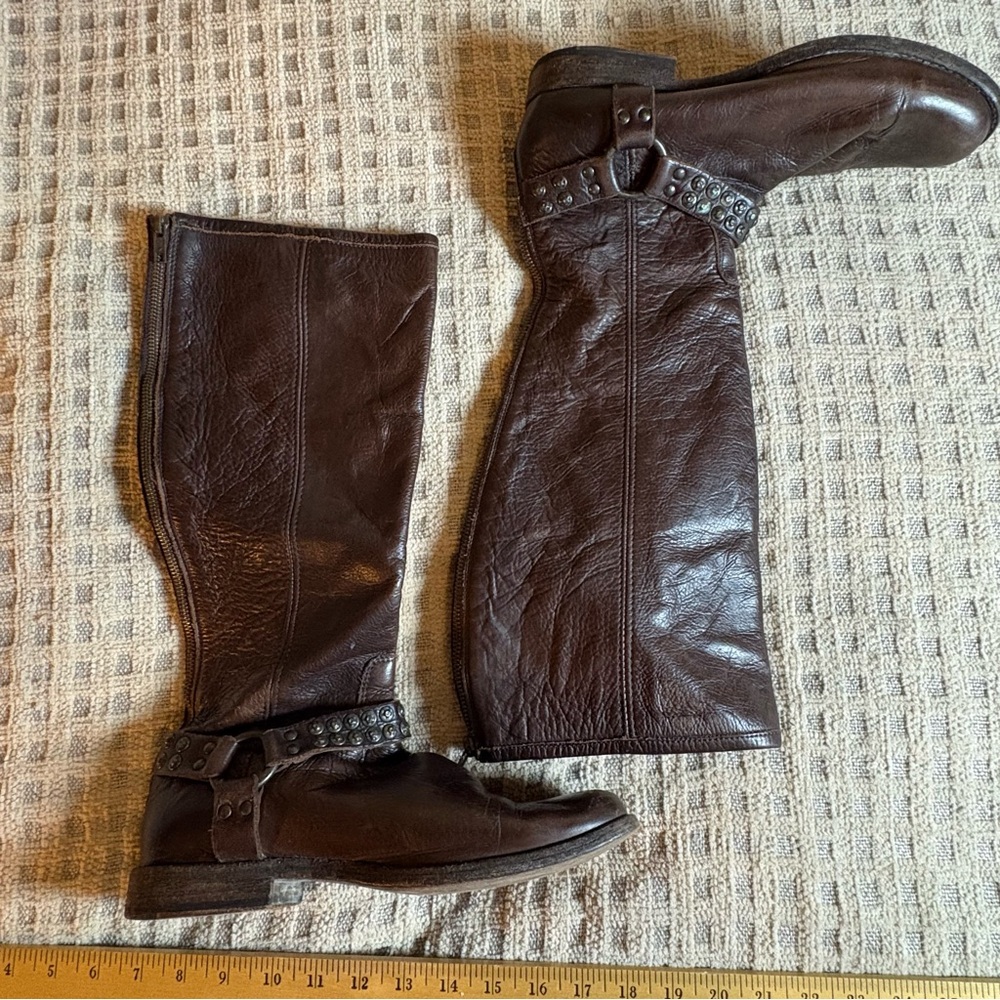 Frye Brown Heeled Boots with Studded Straps